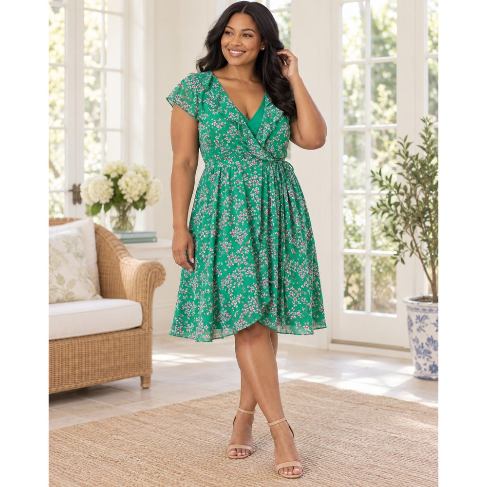 Draper James RSVP Women's Large Green Floral Wrap Mini Dress